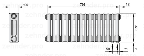 Схема (чертеж) Радиатор Zehnder Charleston 3037/16 №5510 Белый глянцевый RAL 9016